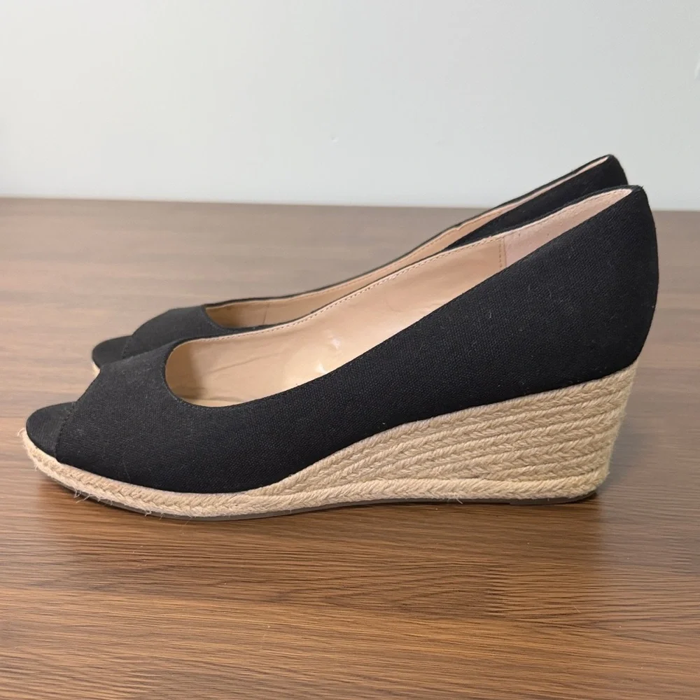 Bandolino Black Wedge Fabric Espadrille Peep-Toe Shoes Sz 11‎